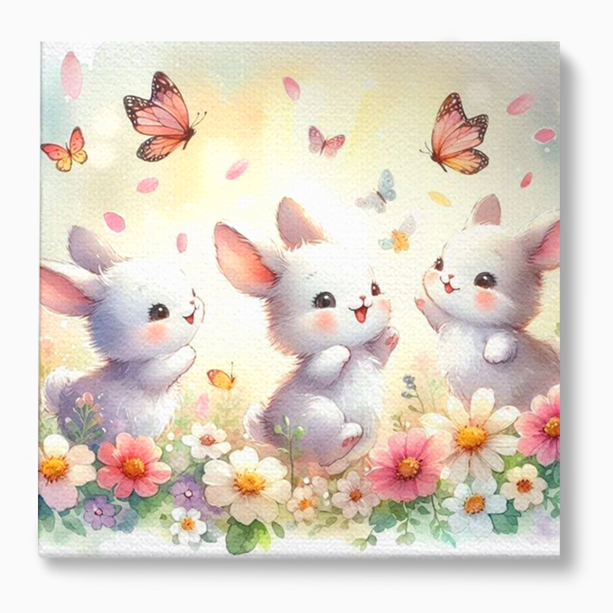Tablou canvas cu ilustratie cu trei iepurasi si fluturi, fara rama, pe sasiu de lemn